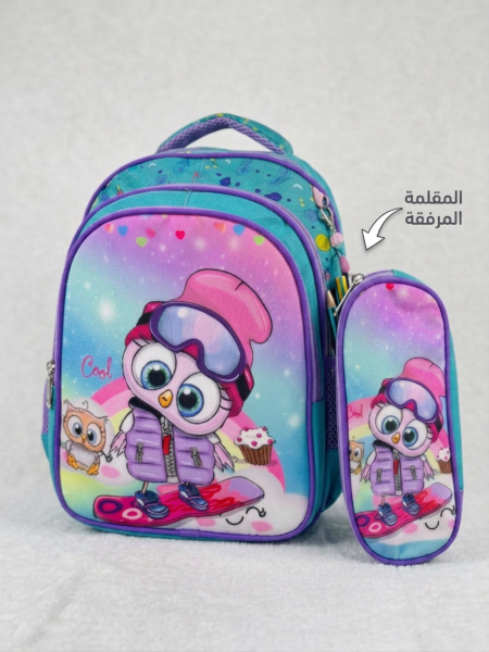 طقم البومة الثلجية – حقيبة مدرسية مع مقلمة مرفقة 🦉☃️